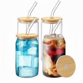 Drinking Glasses with Bamboo Lids and Glass Straw 4PCS Set, 16oz Glass Cups with Lids and Straws, Beer, Iced Coffee Glasses, Soda, Gift 1 Cleaning Brushes