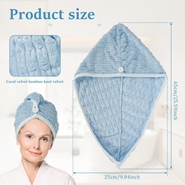 DJAPWPX Soft and Absorbent Hair Towel with Double Buttons for Length Adjustment Lightweight Hair Wrap Towel for Women and Girls 25x65cm (Blue)