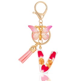 MWOOT Letter Keychain Initial Keyring Letter, Alphabet Resin Letter with Flower Key Chain with Butterfly Tassel Pendant Handbag Charm, Pink Petal Keyring for Women, Pink-V