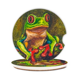 Cute Tree Frog Green Wild Animal Car Coasters,Ceramic Absorbent Cup Holders with Finger Notch & Cork Base Car Assecories for Women/Men 2.6"(2 Pieces)