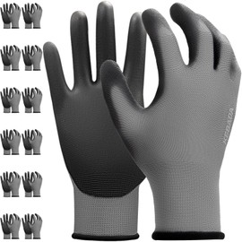 Kebada W1 Work Gloves for Men and Women, Working Gloves with Grip,12 Pairs Thin Mechanic Gloves,PU Coating on Palm & Fingers,Breathable Mens Gardening Gloves,Gray Small