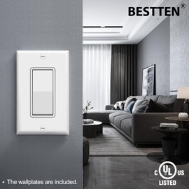 BESTTEN 20 Pack Single Pole Decorator Wall Light Switch with Wallplate, 15A 120/277V, On/Off Rocker Paddle Interrupter, UL Listed, White