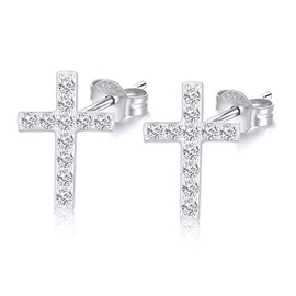 14k White Gold Created Moissanite Cross Stud Earrings for Women, Real 14 Karat Gold Religious Earrings