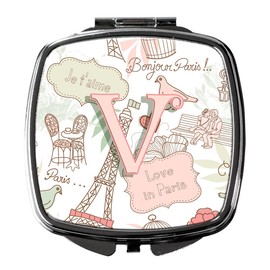 Caroline's Treasures Letter V Love in Paris Pink Compact Travel Mirrors, Multicolor