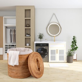 LALASUN Rattan Laundry Hamper With Lid, Rattan Laundry Basket With Removable Liner Bag Handles (15.7" L×15.7"W×17.3"H）