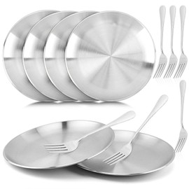 6Pcs 8 Inches Stainless Steel Plates 304 Metal Dinner Plates Dishes Round Serving Dishs Shatterproof & Reusable Dishwasher Safe, for Kids Toddlers Round Serving Plate