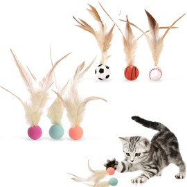 DEFGNOP Cat Toy Set, Chicken Feather Rubber Bouncy Ball 6 Piece Set, Feathers Throwing Cat Toy Self-Employment, Safe and Non-Electric Pet Toy that Relieves Boredom