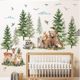 DECOWALL SG4-2422 Pine Trees and Forest Animals Wall Stickers Mountain Woodland Bear Deer Fox Wall Decals Kids Room Nursery Bedroom Decor Baby Room Playroom Removable Art murals