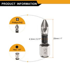 HARFINGTON 5pcs Impact Phillips Screwdriver Bit PH2 (#2) Anti Slip Tip 1/4" Hex Shank 1" (25mm) Long Magnetic Cross Screw Driver Industrial Power Drill Bits for Remove Fastening Screws