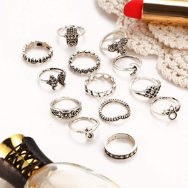 TseenYi Boho Ankle Rings Silver Hamsa Moon Finger Rings Set Opal Stacking Rings Retro Joint Rings Vintage Adjustable Midi Rings Jewellery for Women and Girls, Metal