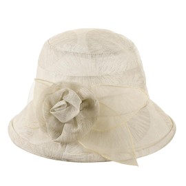 XGOPTS Womens Summer Foldable Sun Hat Elegant Church Cloche Hat Ascot Race Banquet Cap Ladies Wide Brim Flower Beach Bucket Cap for Cocktail Wedding Party Travel Holiday Beige