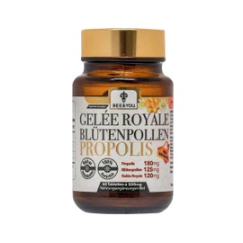 Bee&You Propolis, Royal Jelly, Flower Pollen Tablets 500 mg - 60 Tablets, No Additives, Fair Trade, 100% Natural, No Additives, High Dosage, Propolis Capsules