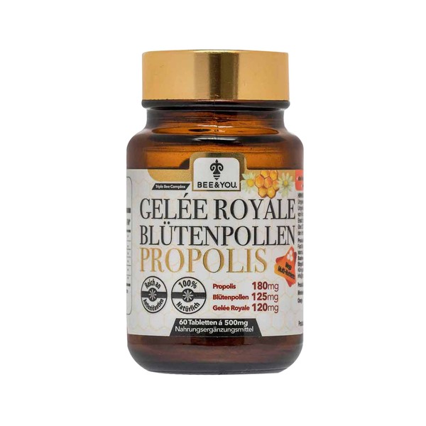 Bee&You Propolis, Royal Jelly, Flower Pollen Tablets 500 mg - 60 Tablets, No Additives, Fair Trade, 100% Natural, No Additives, High Dosage, Propolis Capsules