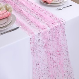 Snowkingdom 10 FT Pink Easter Cheesecloth Table Runner Sequin Glitter Sheer Chiffon Gauze Pastel Runner 120 Inch , Pink Party Table Decoration for Birthday Wedding Bridal Baby Shower Spring Holiday