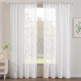 MIULEE White Lace Curtains 84 Inches Long Leaf Embroidered Window Curtain Warp Knitted Rod Pocket Drapes Vintage Lace Sheer Drapes Set of 2 Panels for Living Room, 58" x 84"