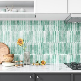 VEELIKE Long Hexagon Peel and Stick Tile Backsplash Green Back Splash Stick on Tiles for Kitchen Bathroom Renters 6 Sheets Waterproof Self Adhesive Kitchen Backsplash Ceramic Tile Stickers 12''x12''