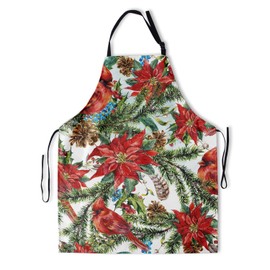Giwawa Christmas Bird Apron with Adjustable Neck & Pocket, Winter Red Poinsettia Flower Kitchen Apron, Merry Xmas Pinecones Berries Holly Cooking Apron for Chef Baking Painting Gardening