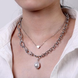 Women's Pearl Strand Necklaces Pendants Choker Chain,Gold Love Heart Layered Pearl Chain Necklace,Silver Pearl Necklaces Women Wedding Jewelry (Silver)