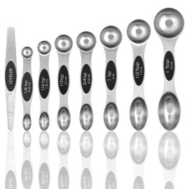 Magnetic Measuring Spoons Set of 8 with Leveler, Stainless Steel Metal Measuring Spoon, Dual Sided for Measuring Dry and Liquid Ingredients, Teaspoon Tablespoon Measure Spoons (Black)