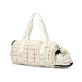 Lushandy Gym Bag for Women, Quilted Duffle Bag for Travel Puffer Gym Bag with Shoe Compartment Carry On Overnight Bags Crossbody Weekender Bag, Ivory