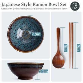 Zhonleemy Ceramic Ramen Bowl Set of 2 Large Salad Soup Ramen Serving Bowls with Spoons Chopsticks 8 Inch