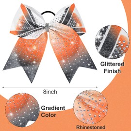 DEEKA 6PCS 8" Large Glitter Cheer Bows Black and Orange Gradient Color Rhinestone Shiny Cheer Hair Bows Elastic Band Ponytail Holder for Cheerleader Girls Sports -White/Orange/Black