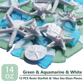 QYGL 12 Resin Starfish & 10oz Sea Glass Decor - Frosted Seaglass Pieces & Starfish Sand Dollar for DIY Crafts, Beach Weddings, Vase Filler, and Home Decor Ornaments (Green, Aquamarine, White)