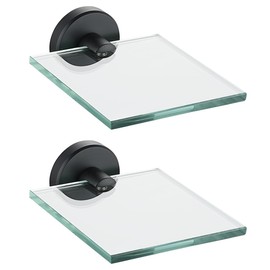 JQK Small Floating Glass Shelves Black, 4 Inch Display Ledges for Wall, Mini Decor, Living Room Bedroom Bathroom, Tempered Glass Shower Storage, 2 Pack, TGS101L4-PB-P2