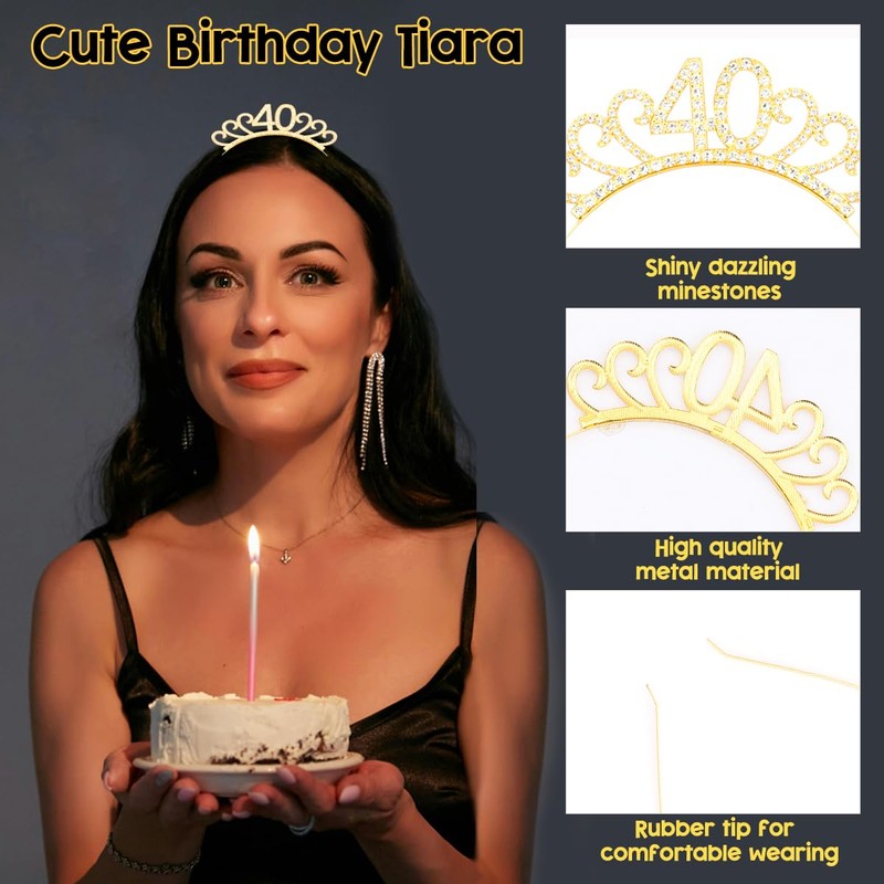 Dimetey 40th Birthday Sash and Tiara Set, Black and Gold,