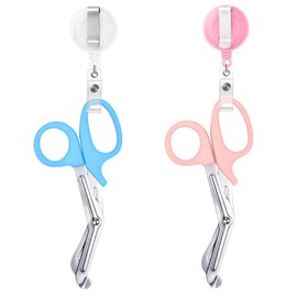 2 Pcs Nursing Scissors with 2 Pcs Retractable Badge Reels Trauma Shears Bandage Scissors for Sewing General Use (Blue Pink)