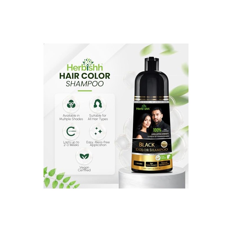 Herbishh Black Shampoo, Hair Dye Shampoo 3 in 1, 100%