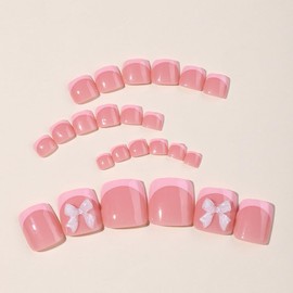 Cute French Toenail Press ons Short Square Press on Toenails Pink Fake Toe Nails Glossy Full Cover Toe Press on Nails Bow Nail Charms Designs Summer Acrylic Nails for Women Girls Decoration 24 Pcs