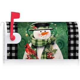 Texupday Winter Snowman With Cardinal Buffalo Check Plaid Decoration Mailbox Cover With Magnetic Strip Holiday Mailbox Wraps Post Letter Box Cover Standard Size 21" X 18" for Garden Outdoor Yard Decor