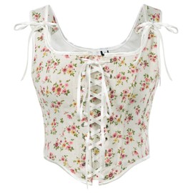 Scarlet Darkness Renaissance Faire Costume Women Lace Up Corset Top Floral Fishbone Bustier Pink Floral Size 6