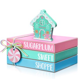 Yookeer 4 Pieces Pastel Christmas Gingerbread House Tiered Tray Decor Mini Wood Book Stacks Table Decorations Pastel Candy Wooden Book Table Sign for Christmas Home Room Mantle Fireplace Shelf