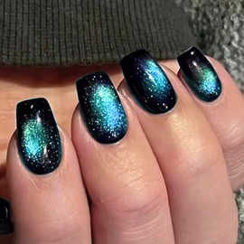 RUPOFUZA Press On Nails Short Square Fake Nails With Glue, Holiday Nail Press Ons With Brilliant Flash Cat's Eye Design, Artificial False Nails Stick On Nails for Women-24Pcs