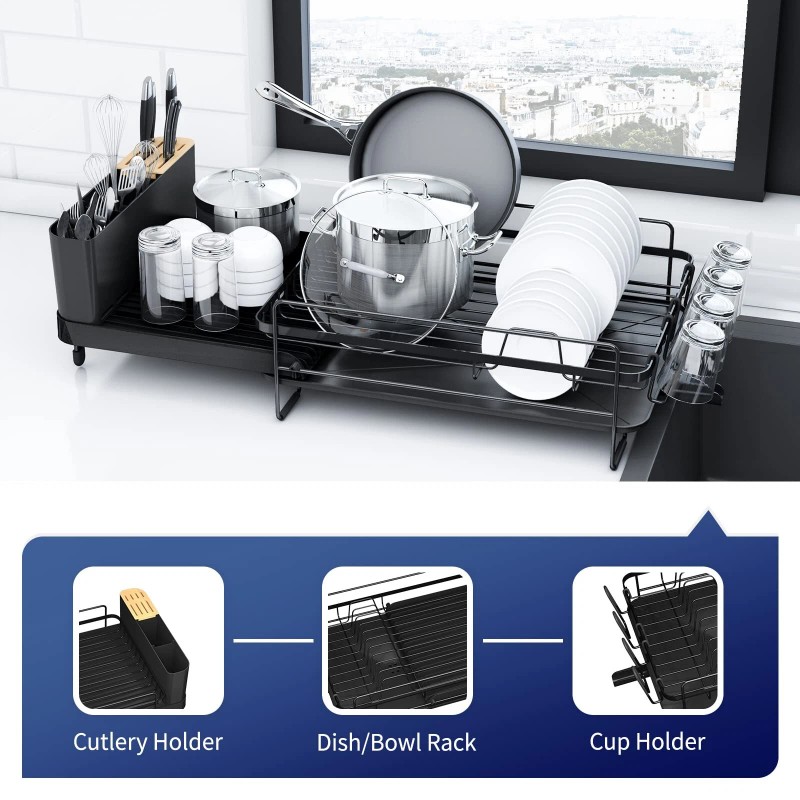 Kitsure Extendable Stainless Steel Dish Drying Rack with Drainboard Black
