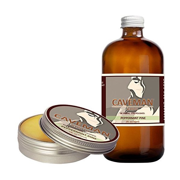 Caveman Peppermint Pine Combo Beard Oil and Beard/Mustache Balm, Leave in Conditioner, 1oz oil and balm Peppermint, Pine