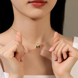 GexTyde Gold Birthstone Necklace for Women, Diamond Tiny Emerald Necklace for Women Mothers, Pink Pendant Necklace Jewelry Anniversary Birthday Gift for Her Mom Wife Girlfriend Daughter