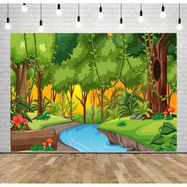 CORFOTO Jungle Forest Landscape Backdrop 6x4ft Fabric Green Trees Tropical Rainforest River Background for Jungle Safari Themed Birthday Decorations Zoo Party Banner Kids Baby Shower Photo Booth Props