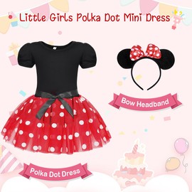 HenzWorld Girls Dress Polka Dots Costume Bowknot Headband Tutu Skirt Easter Birthday Party Cosplay Clothes Red 5-6 Years