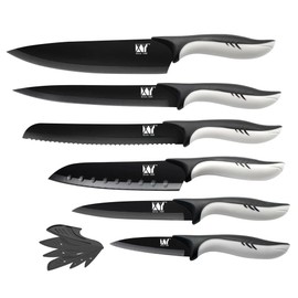 DOUBARK Black Stainless Steel Knife Set, Sharp Kitchen Knife Set, 6 Pcs Professional Kitchen Knife Set with Covers for Cooking, Chef, Slicing, Bread, Santoku, Utility, Paring Knives