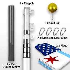G128 Combo Pack: 20 Ft Telescoping Aluminum Flagpole (Silver) & American and Chicago City Flags 3x5 Ft, Both ToughWeave Series Embroidered Polyester | Pole with Flags Included