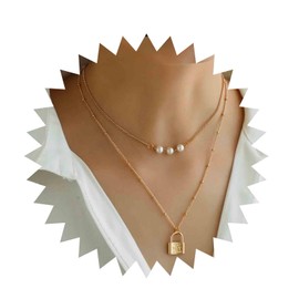 Iaceble Boho Layered Pearl Lock Necklace Choker Gold Lock Pendant Necklace Pearl Bead Choker Necklace Vintage Lock Chain Necklace Jewelry for Women