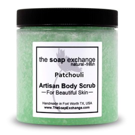 The Soap Exchange Sea Salt Body Scrub - Patchouli Scent - Hand Crafted 8 fl oz / 240 ml Natural Artisan Skin Care, Shea Butter, Exfoliate, Moisturize, & Protect. Made in the USA.
