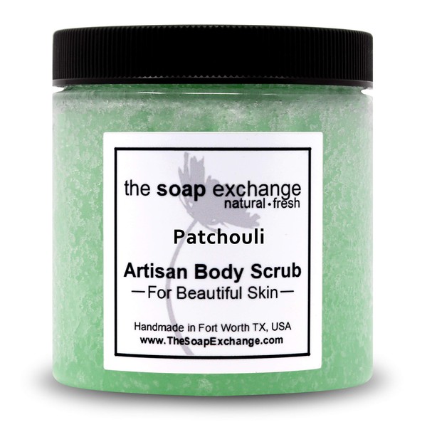 The Soap Exchange Sea Salt Body Scrub - Patchouli Scent - Hand Crafted 8 fl oz / 240 ml Natural Artisan Skin Care, Shea Butter, Exfoliate, Moisturize, & Protect. Made in the USA.