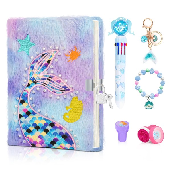 homicozy Mermaid Diary for Girls with Lock and Keys,Tie-Dye Fuzzy