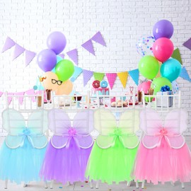 Zoooyawn 8 Sets Fairy Chair Tulle Tutu Decoration Fairy Princess Butterfly Wings Tutu Skirts Cover for Kids Girls Birthday Party Baby Shower Decor Fit Standard Chair