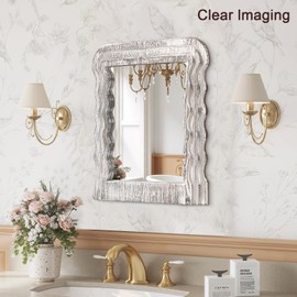 Irregular Wave Vanity Mirror for Wall Wood Frame Makeup Hanging Wall Mirror Modern Unique Decorative Vanity Bathroom Living Room Bedroom Farmhouse Hallway Aesthetic Hanging Mirror