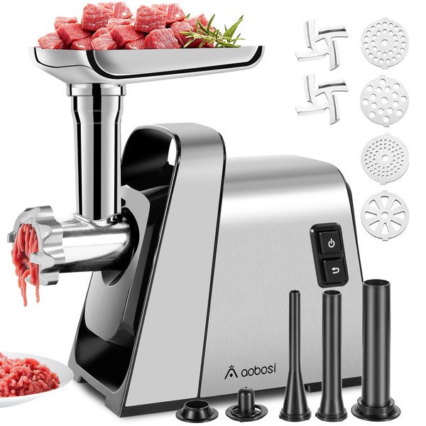 AAOBOSI Meat Grinder Electric, [3000W Max] Meat Grinder Heavy Duty with 2 Stainless Steel Blades & 4 Grinding Plates, Sausage Maker & Kibbe Kit for Home Kitchen & Commercial Using